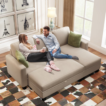81' Reversible Sectional Couch with Storage Chaise L-Shaped Sofa for Apartment Sectional Set ,Sectional Sofa with Ottoman,Nailhead Textured Linen Fabric 3 pieces Sofa Set,Warm Grey