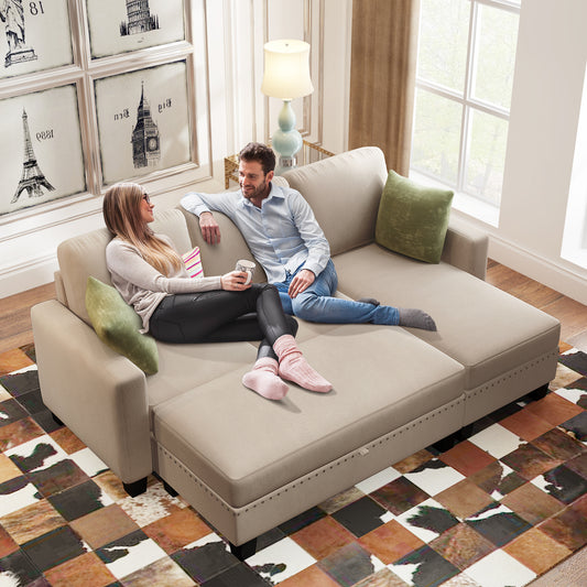 81' Reversible Sectional Couch with Storage Chaise L-Shaped Sofa for Apartment Sectional Set ,Sectional Sofa with Ottoman,Nailhead Textured Linen Fabric 3 pieces Sofa Set,Warm Grey
