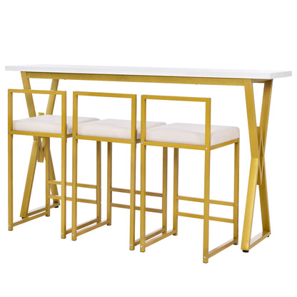 TOPMAX Modern 4-Piece Counter Height Extra Long Console Bar Dining Table Set with 3 Padded Stools for Small Places, Gold