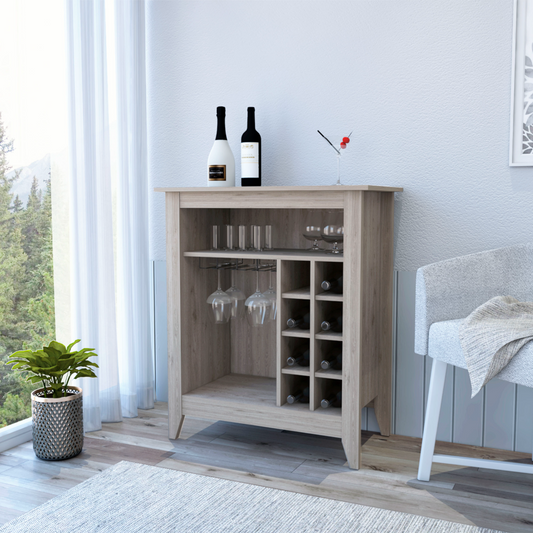 Bar- coffee cart 38' H, Kitchen or living room cabinet storage, with 8 bottle racks, a central shelf with  1 Cup holders, ideal for storing glasses, Light Gray