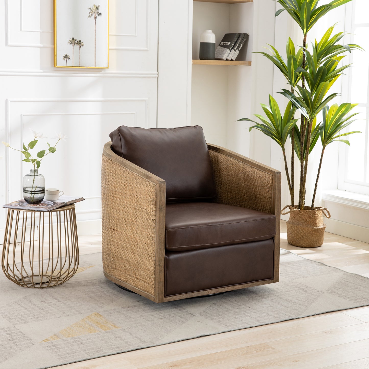 COOLMORE Swivel Barrel Chair, Comfy Round Accent Sofa Chair for Living Room, 360 Degree Swivel Barrel Club Chair, Leisure Arm Chair for Nursery, Hotel, Bedroom, Office, Lounge (Brown Boucle)