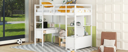 1st Choice Twin Size Loft Bed with Built-in Desk with Two Drawers in White