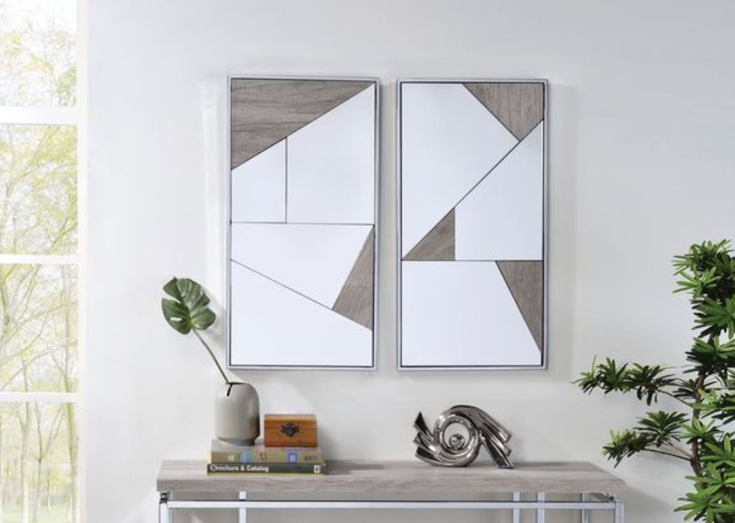 Set of 2 Geometric Wall Mirrors with Chrome Frame and Oak Accents