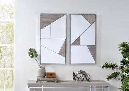 Set of 2 Geometric Wall Mirrors with Chrome Frame and Oak Accents