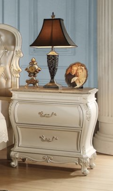 White Nightstand with Granite Top and 2 Storage Drawers