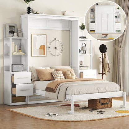 Full Size Murphy Bed Wall Bed with Shelves, Drawers and LED Lights,White