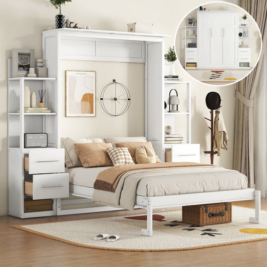 Full Size Murphy Bed Wall Bed with Shelves, Drawers and LED Lights,White
