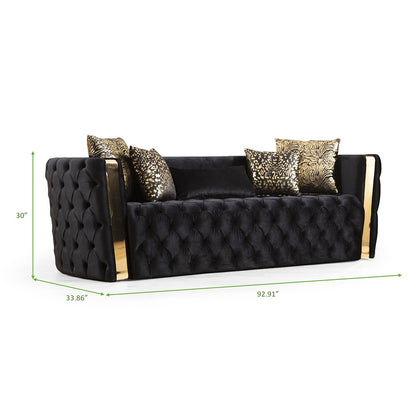 1st Choice Button Tufted 3Pc Black Sofa Set with Velvet Fabric and Gold Accent