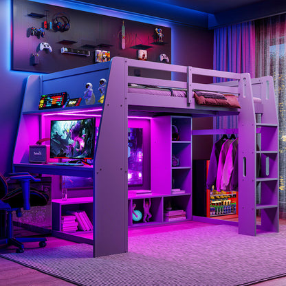 Wood Full Size Gaming Loft Bed with Desk, Multi-storage Shelves, LED and a Hanging Clothes Rack, Gray