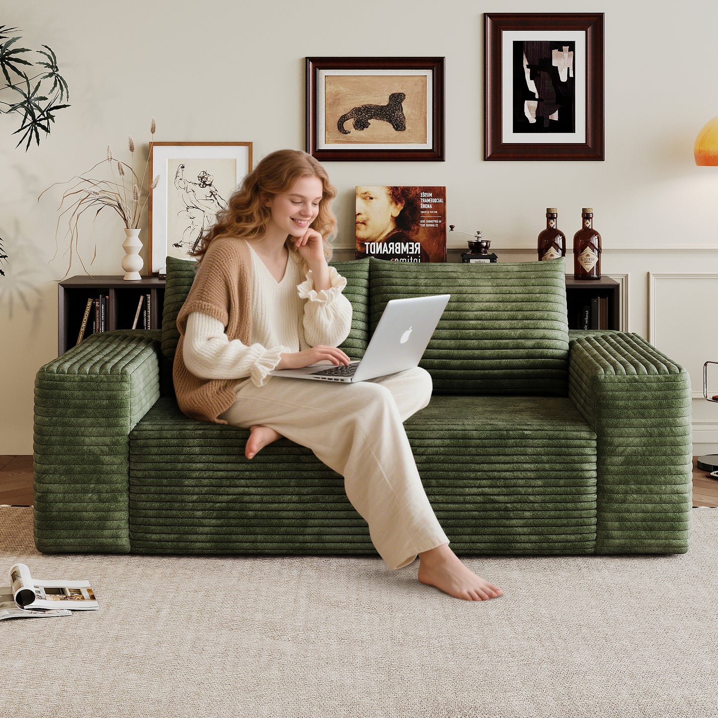 63' 2Setaser Sofa,Corduroy Fabric,Deep Seat Couches,Comfy Loveseat Sofa,No Assembly,1pcs for Living room, Bedroom,Conference room ,Apartment,Green