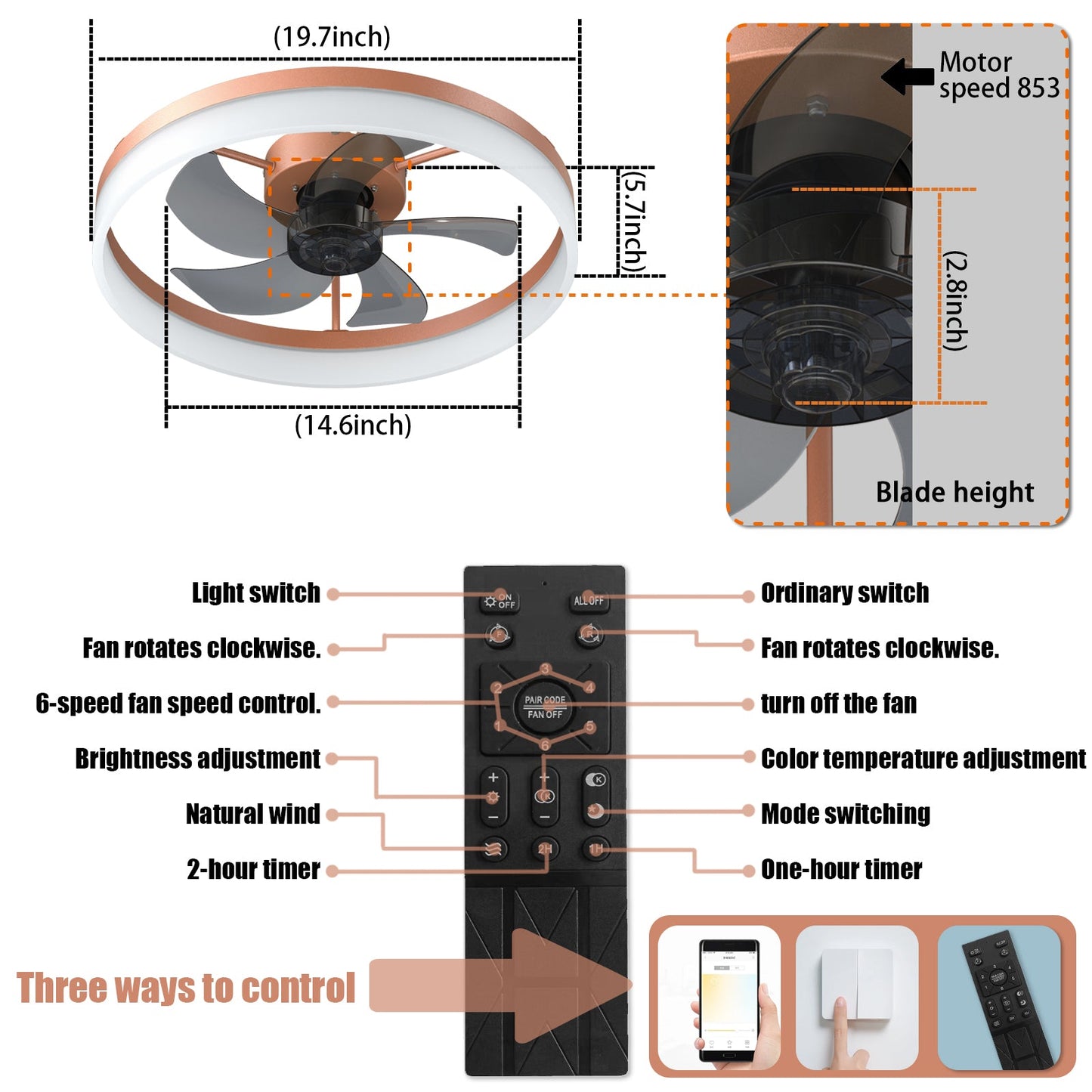 Ceiling Fans with Lights Dimmable LED Embedded installation of thin modern ceiling fans(Rose Gold) - 1st Choice Furniture Direct