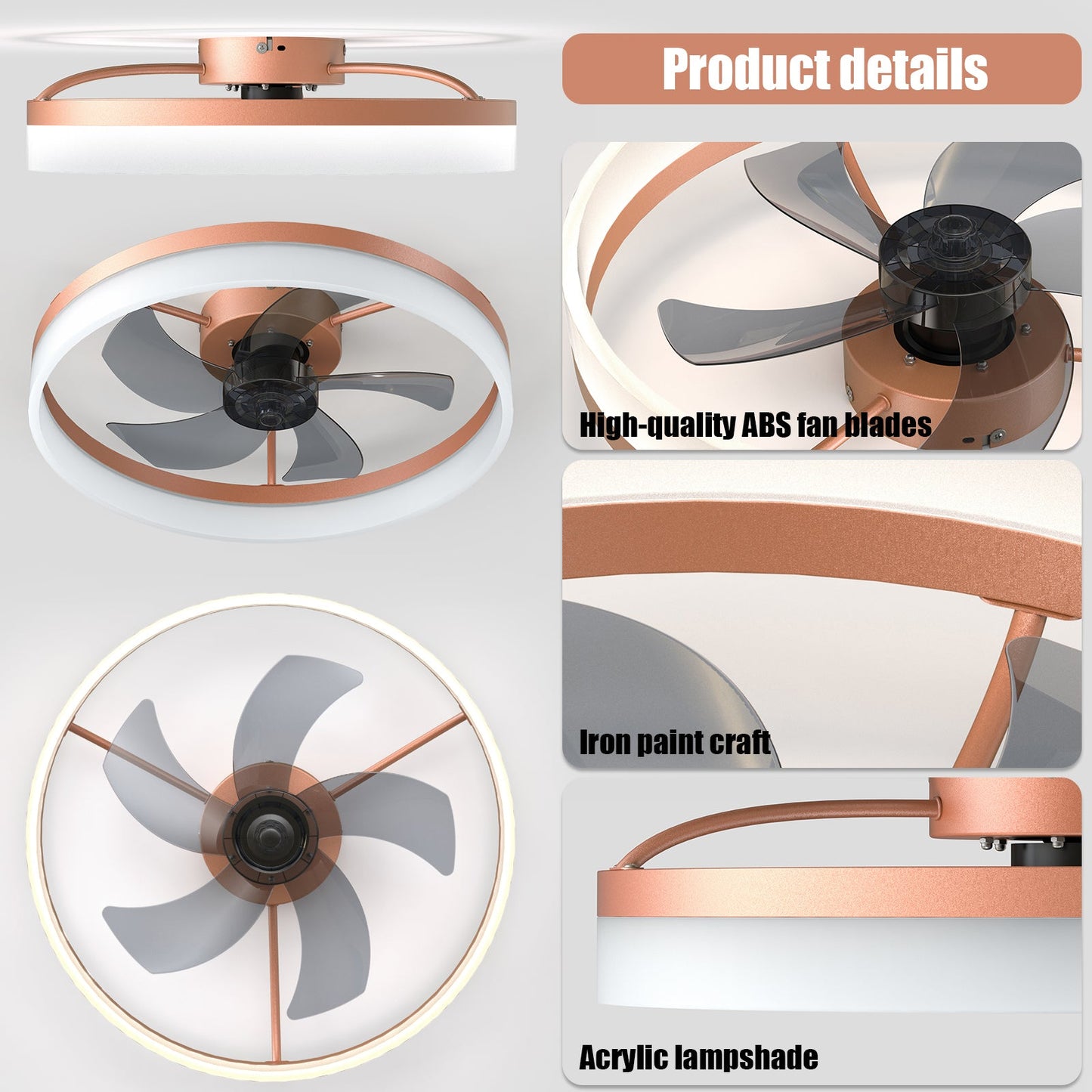 Ceiling Fans with Lights Dimmable LED Embedded installation of thin modern ceiling fans(Rose Gold) - 1st Choice Furniture Direct