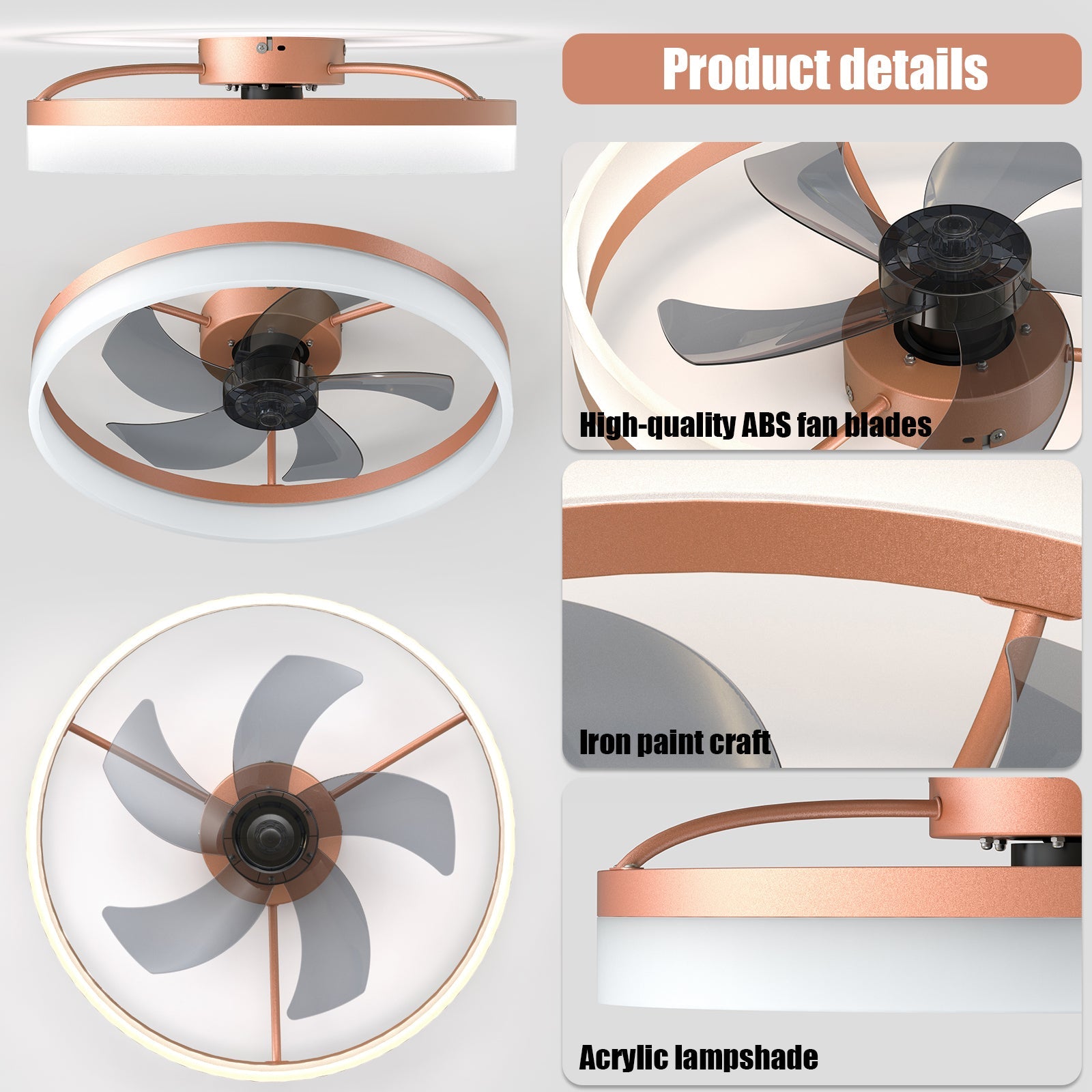 Ceiling Fans with Lights Dimmable LED Embedded installation of thin modern ceiling fans(Rose Gold) - 1st Choice Furniture Direct