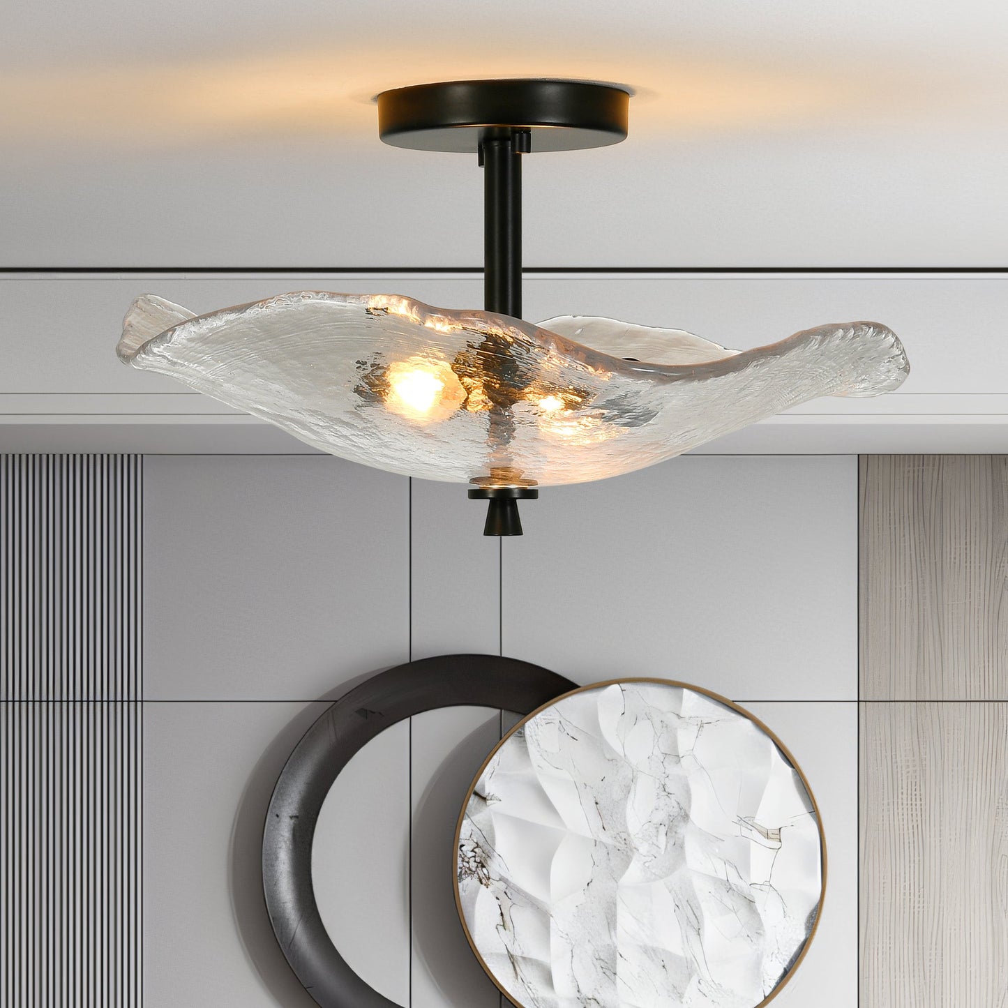 Ceiling Light Fixtures Flush Mount Indoor Outdoor Ceiling Light with Water Ripple Glass Shade for Hallway Kitchen Bedroom Porch Living Room(Black) - 1st Choice Furniture Direct