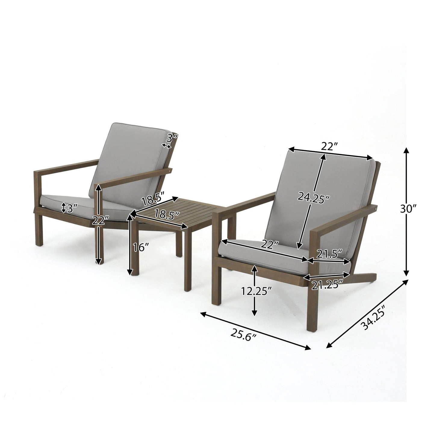 Celestaria 3 - Piece Outdoor Chat Set with Adirondack Chairs, Cushions and Side Table, Grey - 1st Choice Furniture Direct