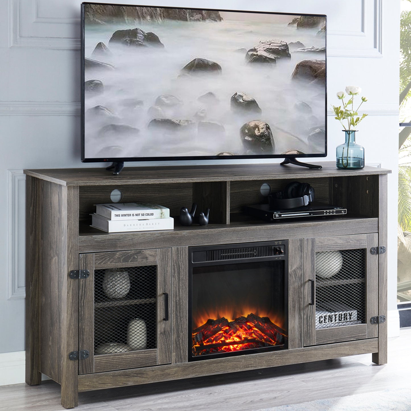 1st Choice Modern Farmhouse TV Stand with Electric Fireplace Fit up to 65" in Grey