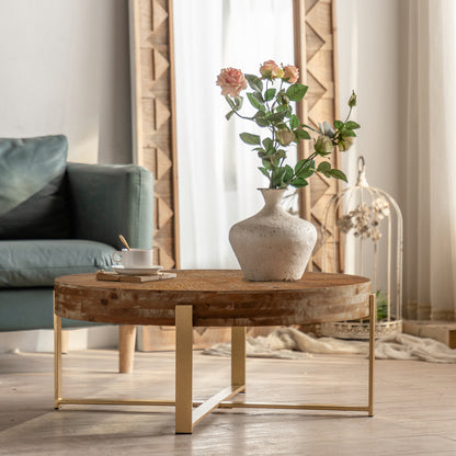 31.29'Modern Retro Splicing Round Coffee Table,Fir Wood Table Top with Gold Cross Legs Base(Same SKU:W757102843)