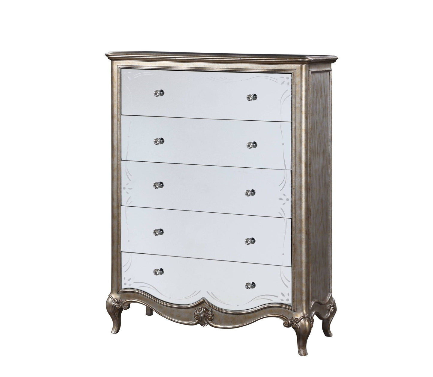 Champagne Mirrored 5-Drawer Chest with Jewelry Tray - 1st Choice Furniture Direct