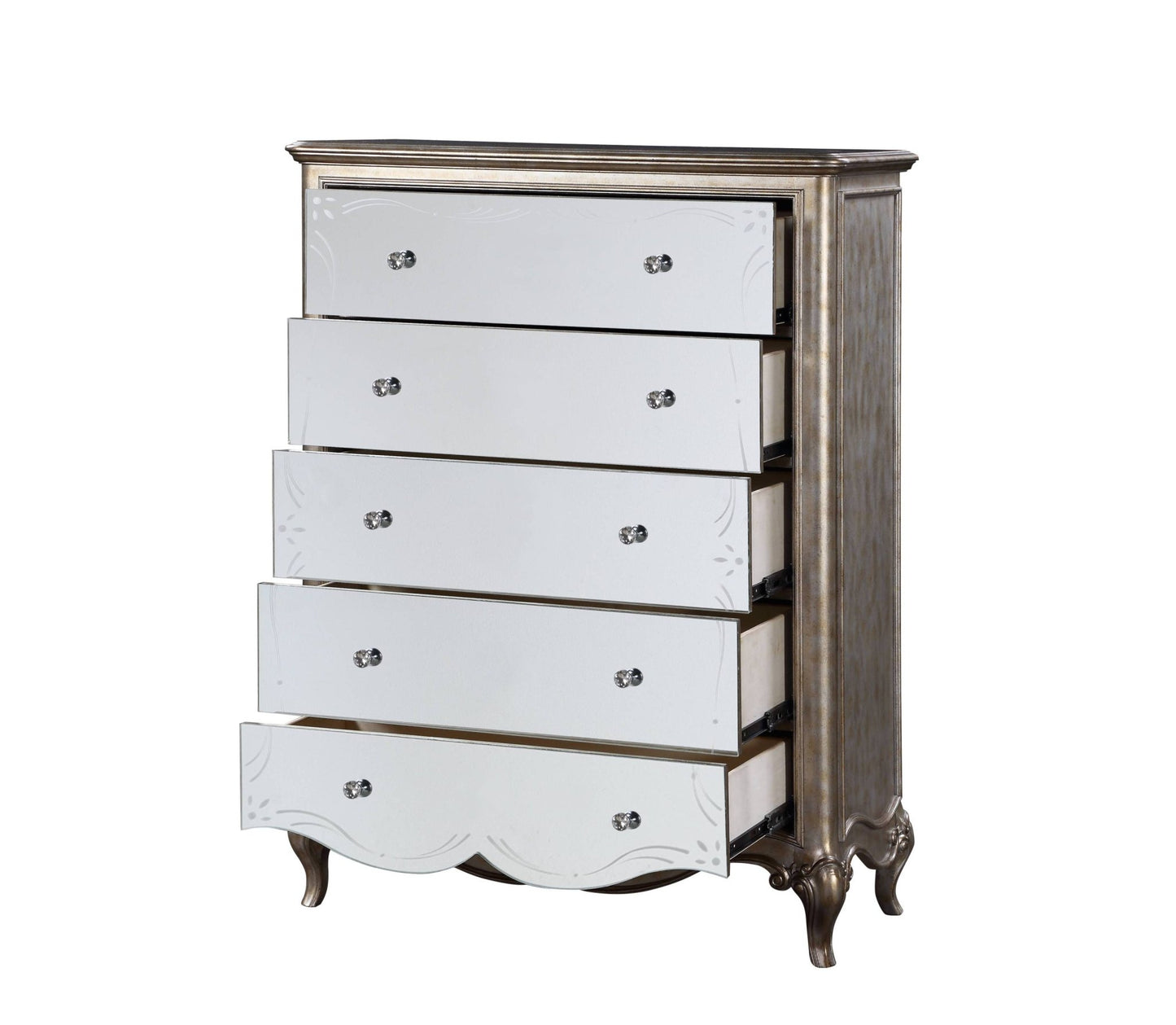 Champagne Mirrored 5-Drawer Chest with Jewelry Tray - 1st Choice Furniture Direct