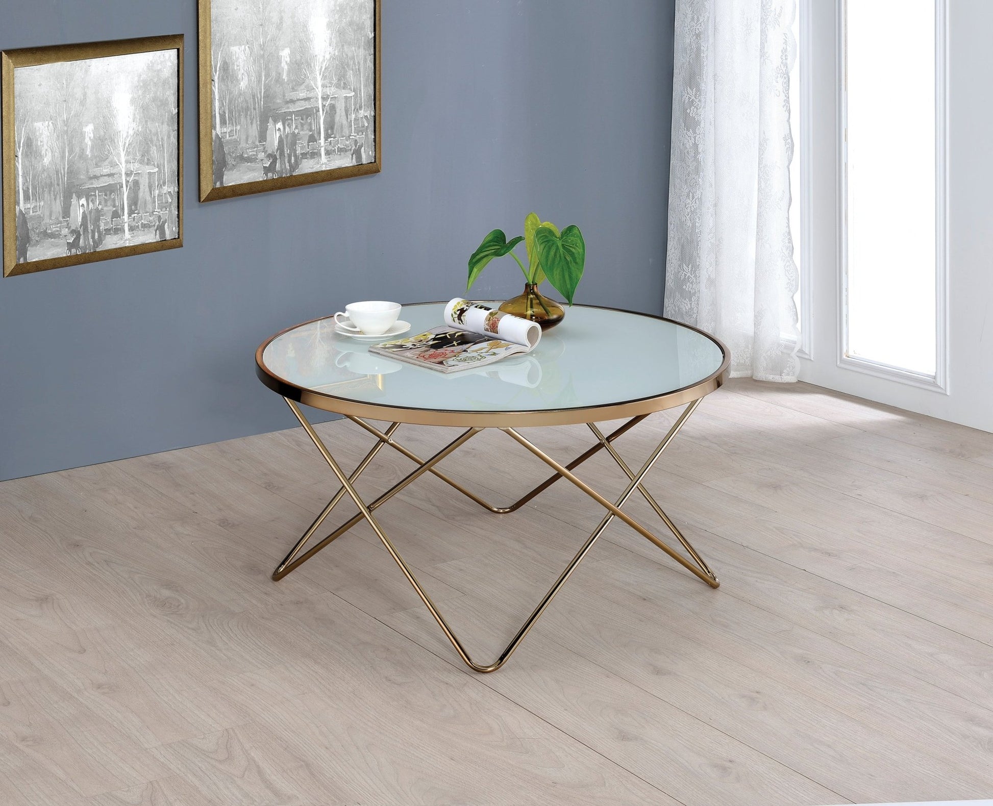 Champagne Round Coffee Table with Frosted Tempered Glass Top - 1st Choice Furniture Direct