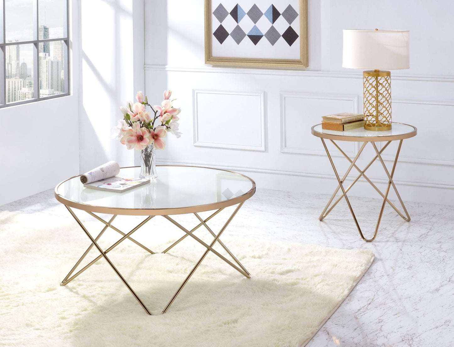 Champagne Round Coffee Table with Frosted Tempered Glass Top - 1st Choice Furniture Direct