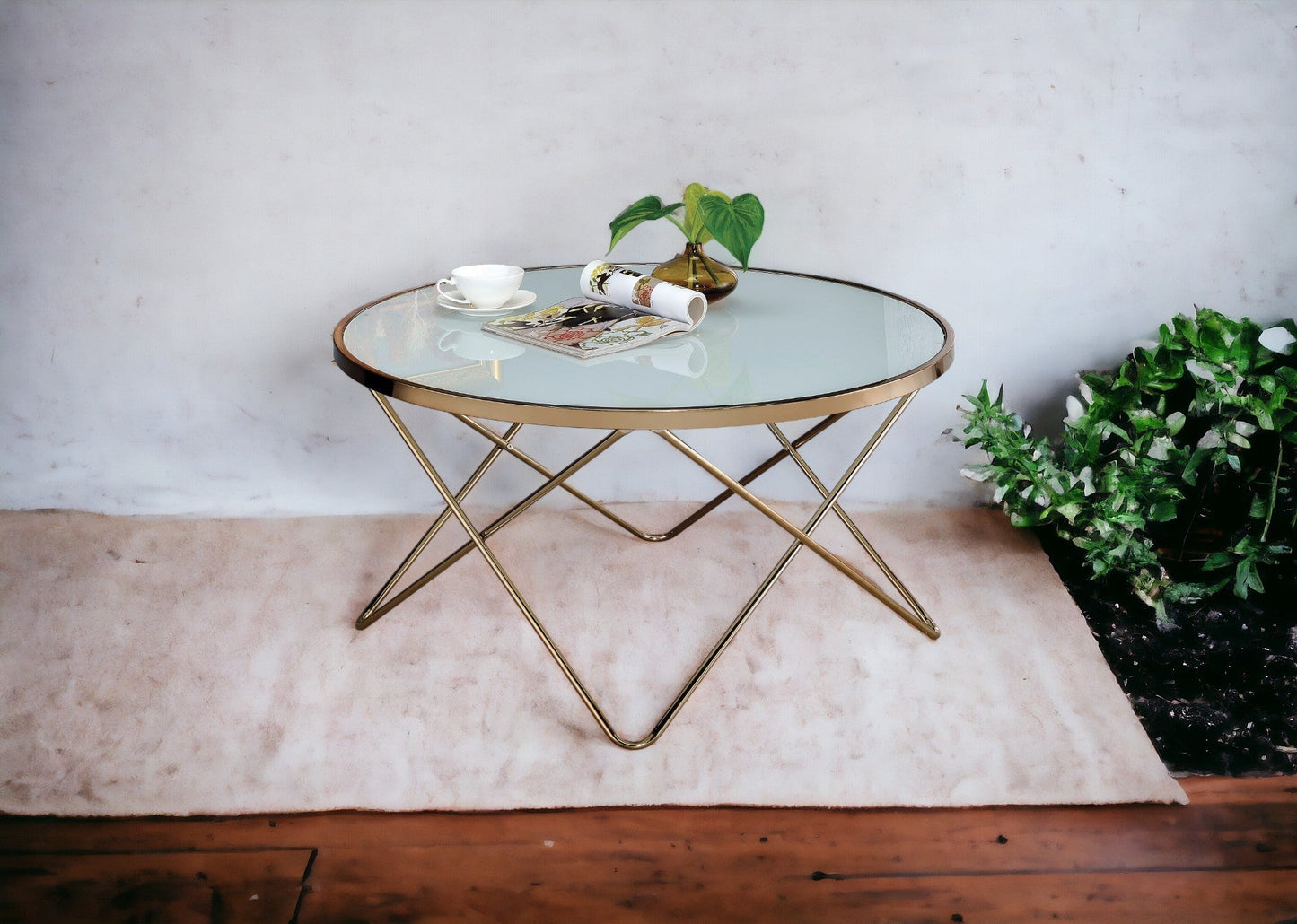Champagne Round Coffee Table with Frosted Tempered Glass Top - 1st Choice Furniture Direct