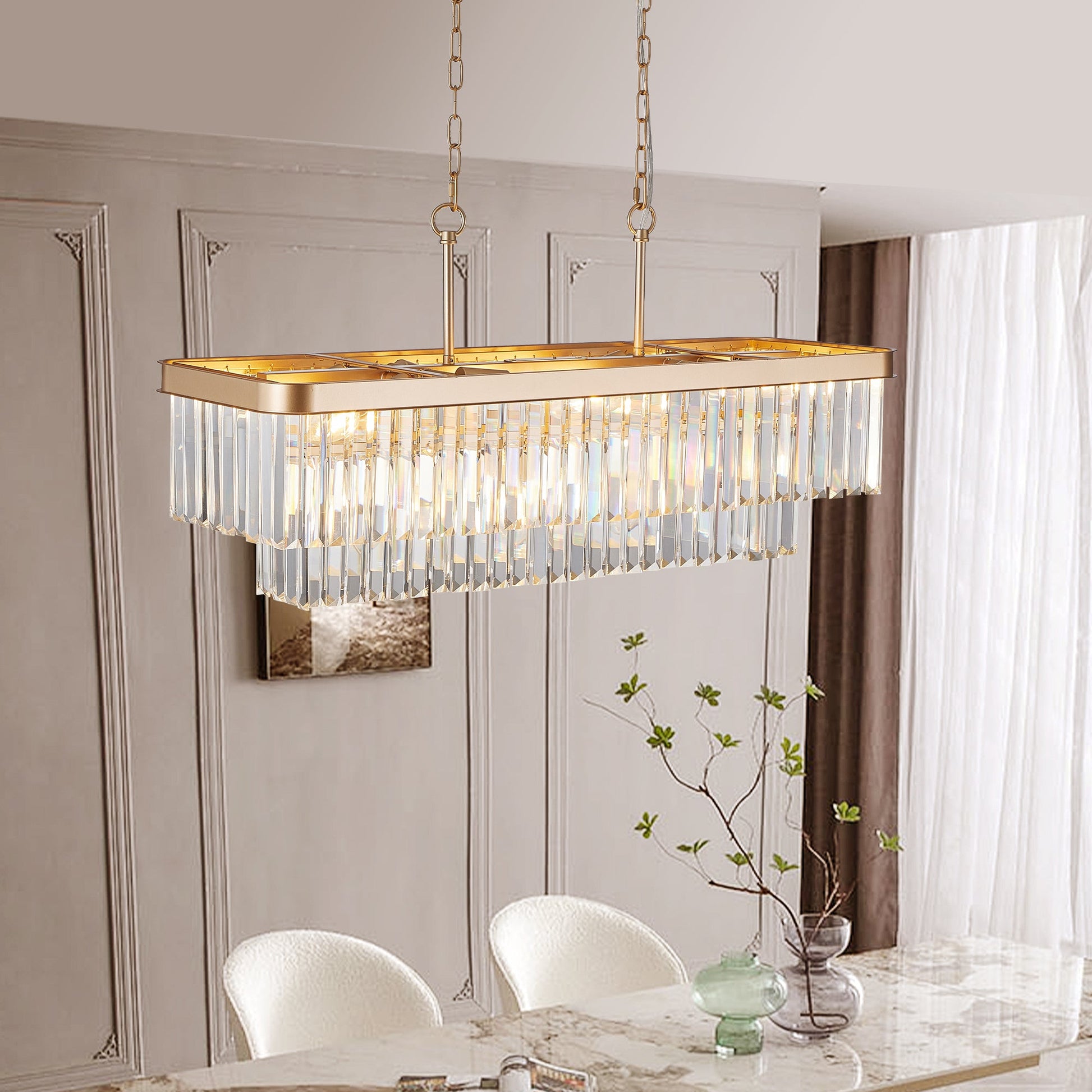 Chandeliers,Rectangular Crystal Chandelier Adjustable,E12 Modern Industrial Crystal Lights,Farmhouse Iron Ceiling Hanging Light for Kitchen Living Room Bedroom/Gold(Bulb Not Included) - 1st Choice Furniture Direct