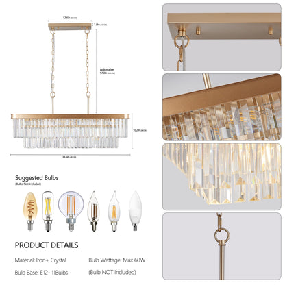 Chandeliers,Rectangular Crystal Chandelier Adjustable,E12 Modern Industrial Crystal Lights,Farmhouse Iron Ceiling Hanging Light for Kitchen Living Room Bedroom/Gold(Bulb Not Included) - 1st Choice Furniture Direct