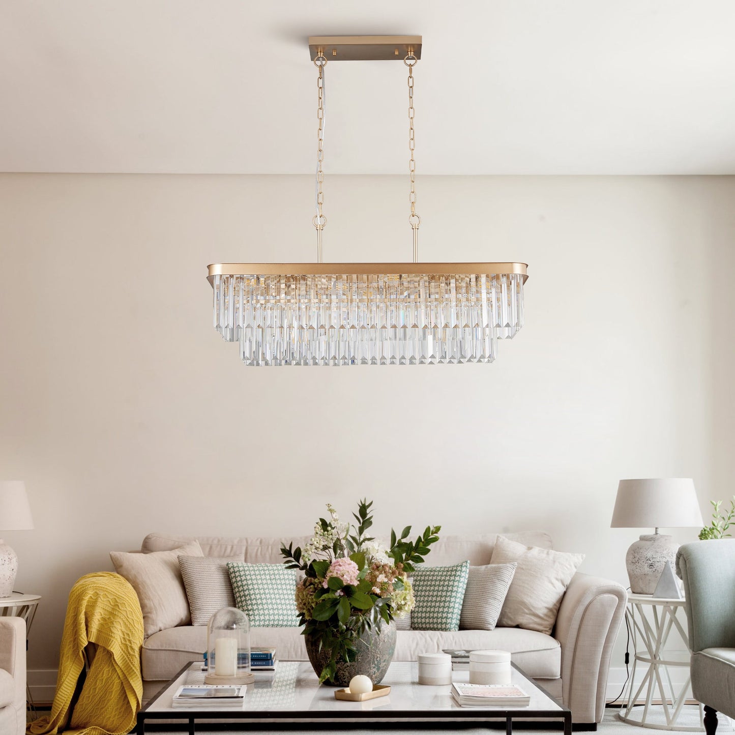 Chandeliers,Rectangular Crystal Chandelier Adjustable,E12 Modern Industrial Crystal Lights,Farmhouse Iron Ceiling Hanging Light for Kitchen Living Room Bedroom/Gold(Bulb Not Included) - 1st Choice Furniture Direct