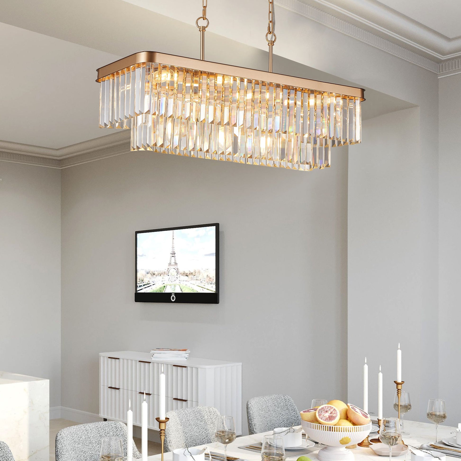 Chandeliers,Rectangular Crystal Chandelier Adjustable,E12 Modern Industrial Crystal Lights,Farmhouse Iron Ceiling Hanging Light for Kitchen Living Room Bedroom/Gold(Bulb Not Included) - 1st Choice Furniture Direct