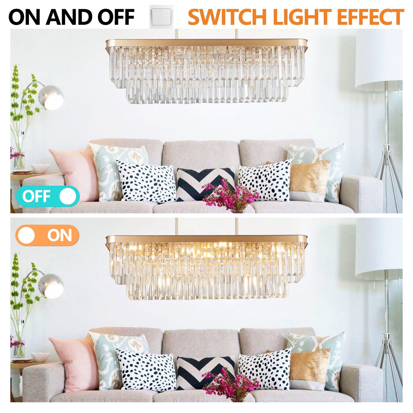 Chandeliers,Rectangular Crystal Chandelier Adjustable,E12 Modern Industrial Crystal Lights,Farmhouse Iron Ceiling Hanging Light for Kitchen Living Room Bedroom/Gold(Bulb Not Included) - 1st Choice Furniture Direct