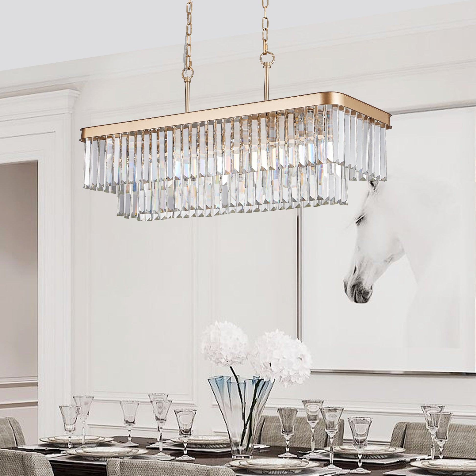 Chandeliers,Rectangular Crystal Chandelier Adjustable,E12 Modern Industrial Crystal Lights,Farmhouse Iron Ceiling Hanging Light for Kitchen Living Room Bedroom/Gold(Bulb Not Included) - 1st Choice Furniture Direct