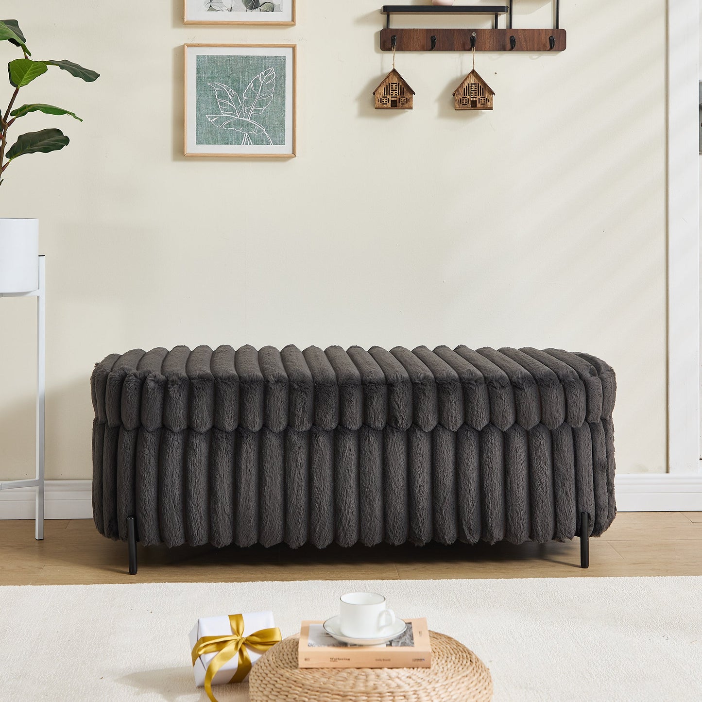 Charcoal Faux Fur Flip Top Storage Bench with Black Metal Legs, 49.2' Wide Bed End Stool Foot Rest - 1st Choice Furniture Direct