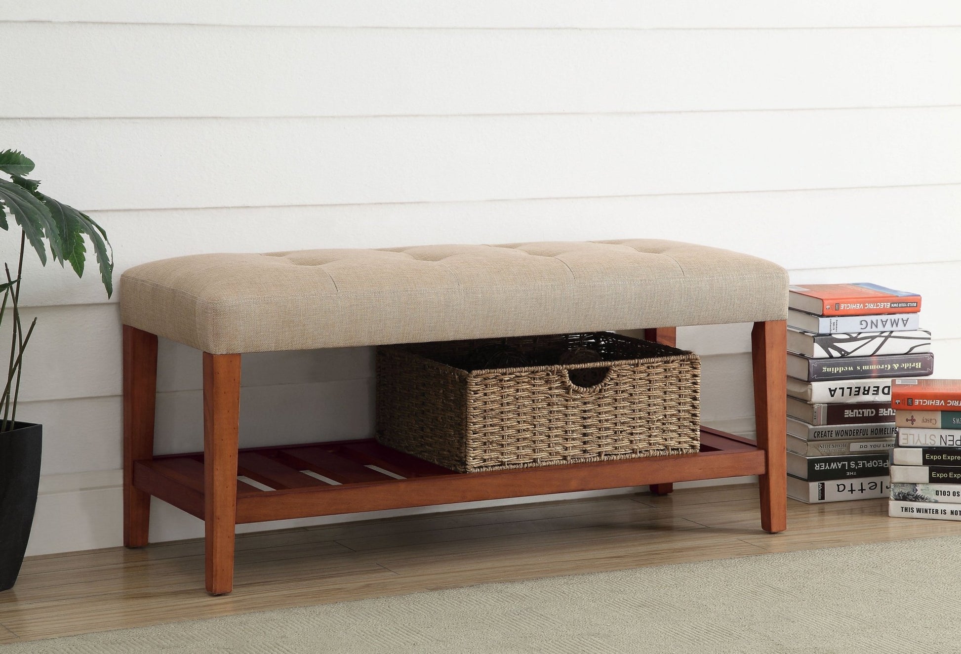 Charla Beige Fabric & Oak Finish Bench - 1st Choice Furniture Direct