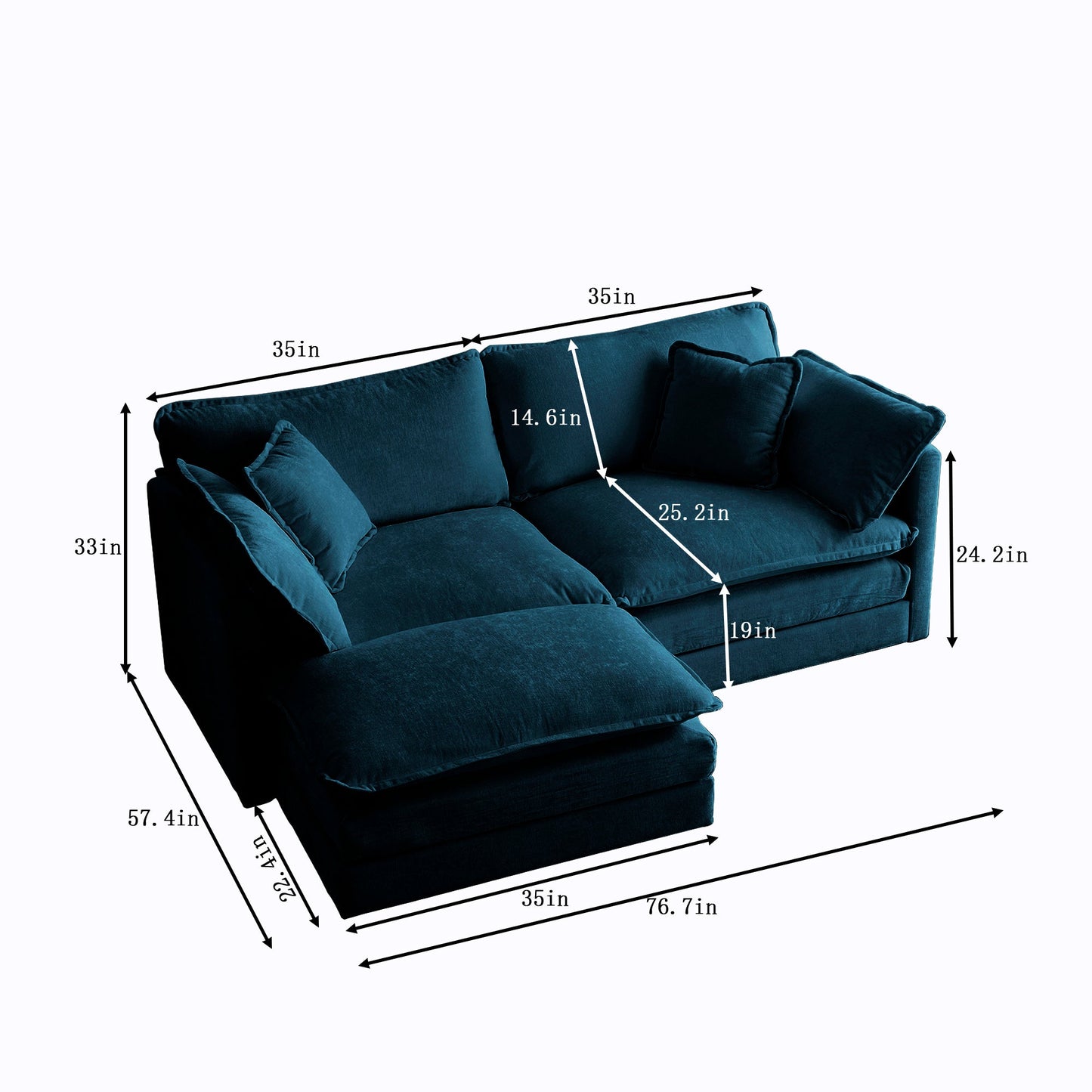 Chenille Two - Seater Sofa with 1 Footrest, 2 Seater L - Shaped Sectional with Ottoman,Loveseat with Ottoman for Small Living Space,Blue Chenille - 1st Choice Furniture Direct