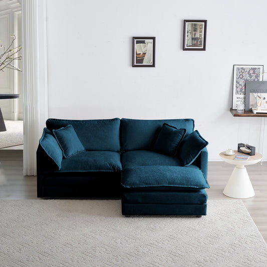 Chenille Two - Seater Sofa with 1 Footrest, 2 Seater L - Shaped Sectional with Ottoman,Loveseat with Ottoman for Small Living Space,Blue Chenille - 1st Choice Furniture Direct