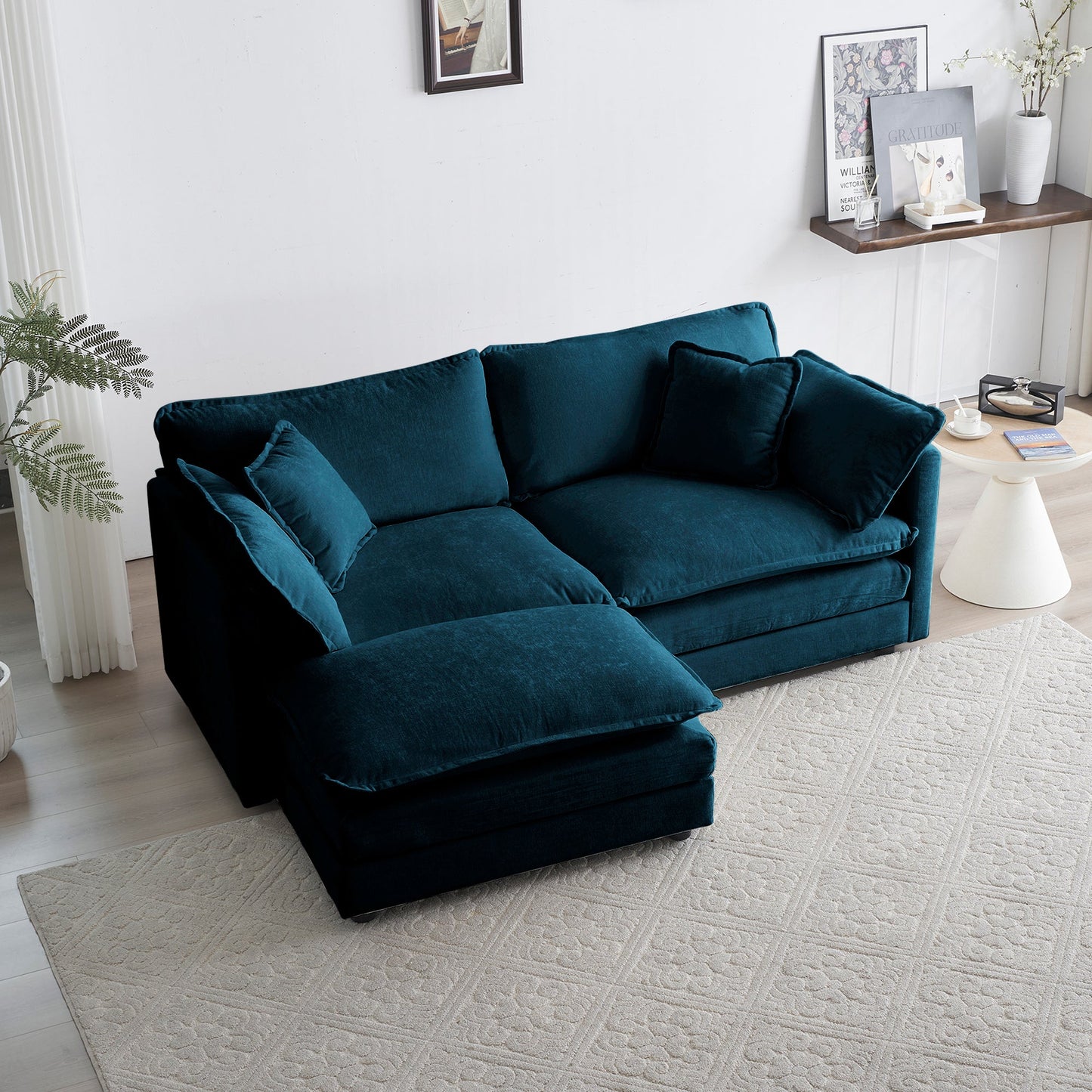 Chenille Two - Seater Sofa with 1 Footrest, 2 Seater L - Shaped Sectional with Ottoman,Loveseat with Ottoman for Small Living Space,Blue Chenille - 1st Choice Furniture Direct