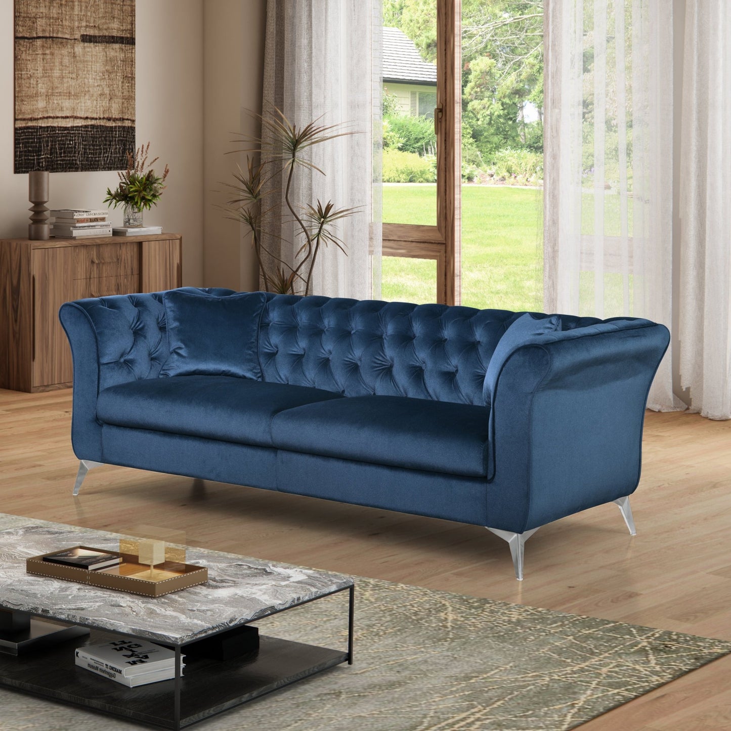 Chesterfield sofa ,Stanford sofa , high quality Chesterfield sofa ,AZURE BLUE, tufted and wrinkled fabric sofa;contemporary Stanford sofa .loverseater; tufted sofa with scroll arm and scroll back - 1st Choice Furniture Direct