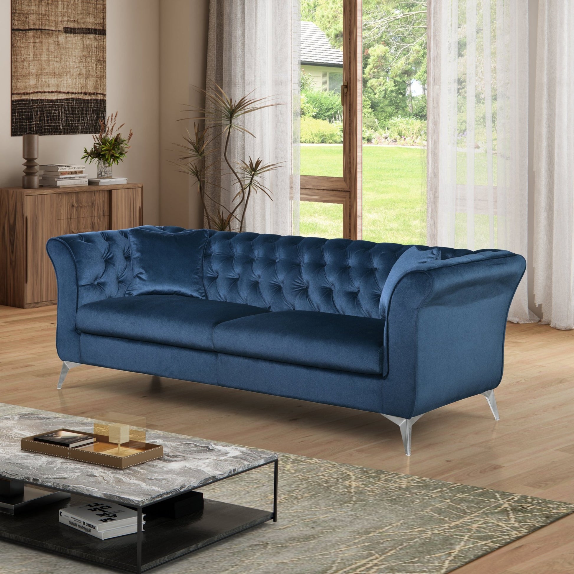 Chesterfield sofa ,Stanford sofa , high quality Chesterfield sofa ,AZURE BLUE, tufted and wrinkled fabric sofa;contemporary Stanford sofa .loverseater; tufted sofa with scroll arm and scroll back - 1st Choice Furniture Direct