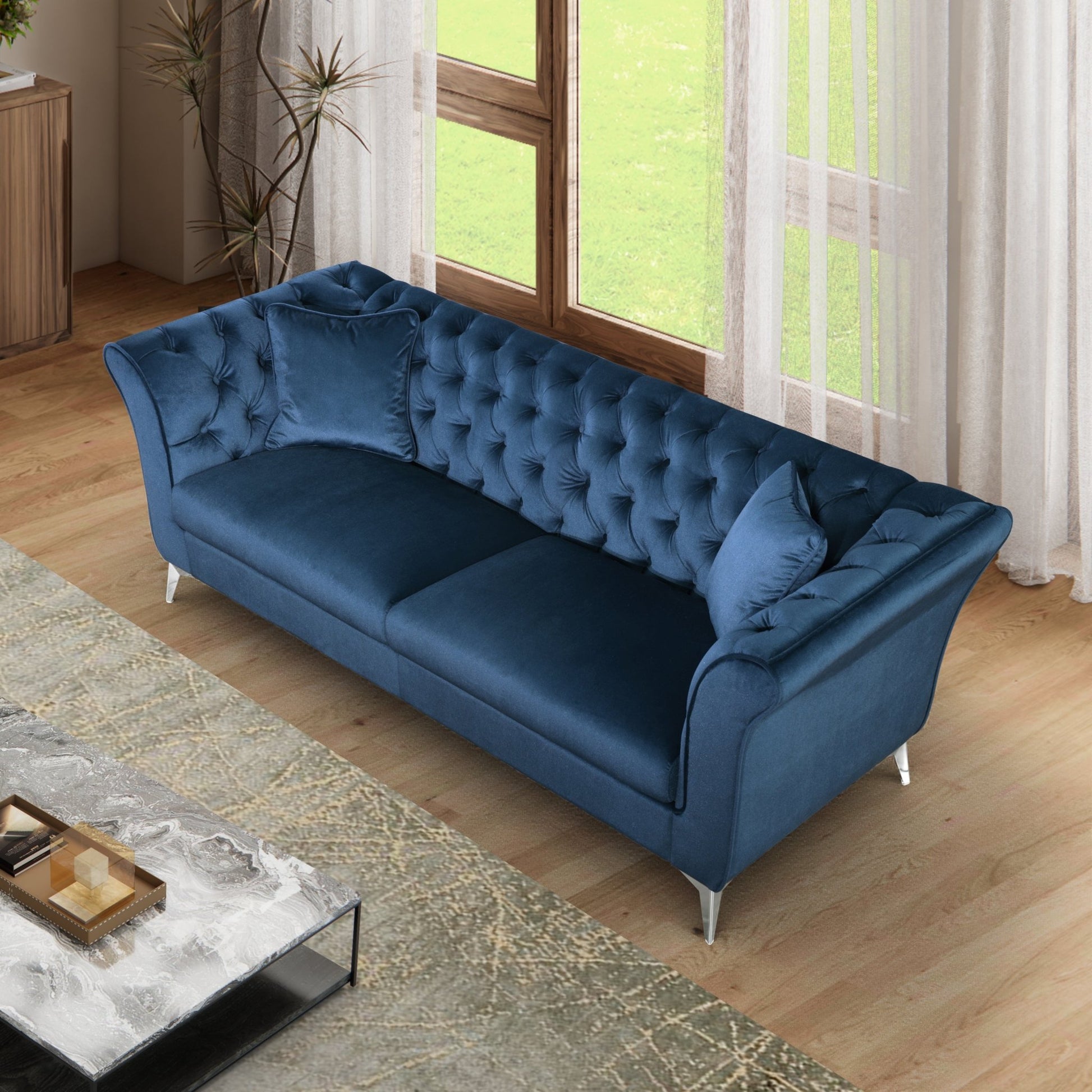 Chesterfield sofa ,Stanford sofa , high quality Chesterfield sofa ,AZURE BLUE, tufted and wrinkled fabric sofa;contemporary Stanford sofa .loverseater; tufted sofa with scroll arm and scroll back - 1st Choice Furniture Direct