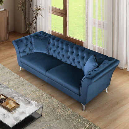 Chesterfield sofa ,Stanford sofa , high quality Chesterfield sofa ,AZURE BLUE, tufted and wrinkled fabric sofa;contemporary Stanford sofa .loverseater; tufted sofa with scroll arm and scroll back - 1st Choice Furniture Direct