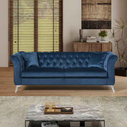 Chesterfield sofa ,Stanford sofa , high quality Chesterfield sofa ,AZURE BLUE, tufted and wrinkled fabric sofa;contemporary Stanford sofa .loverseater; tufted sofa with scroll arm and scroll back - 1st Choice Furniture Direct