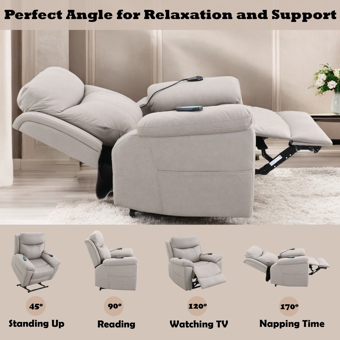Chriki Beige Chenille & Black Finish Power Recliner w/Lift & Heating & Massage - 1st Choice Furniture Direct