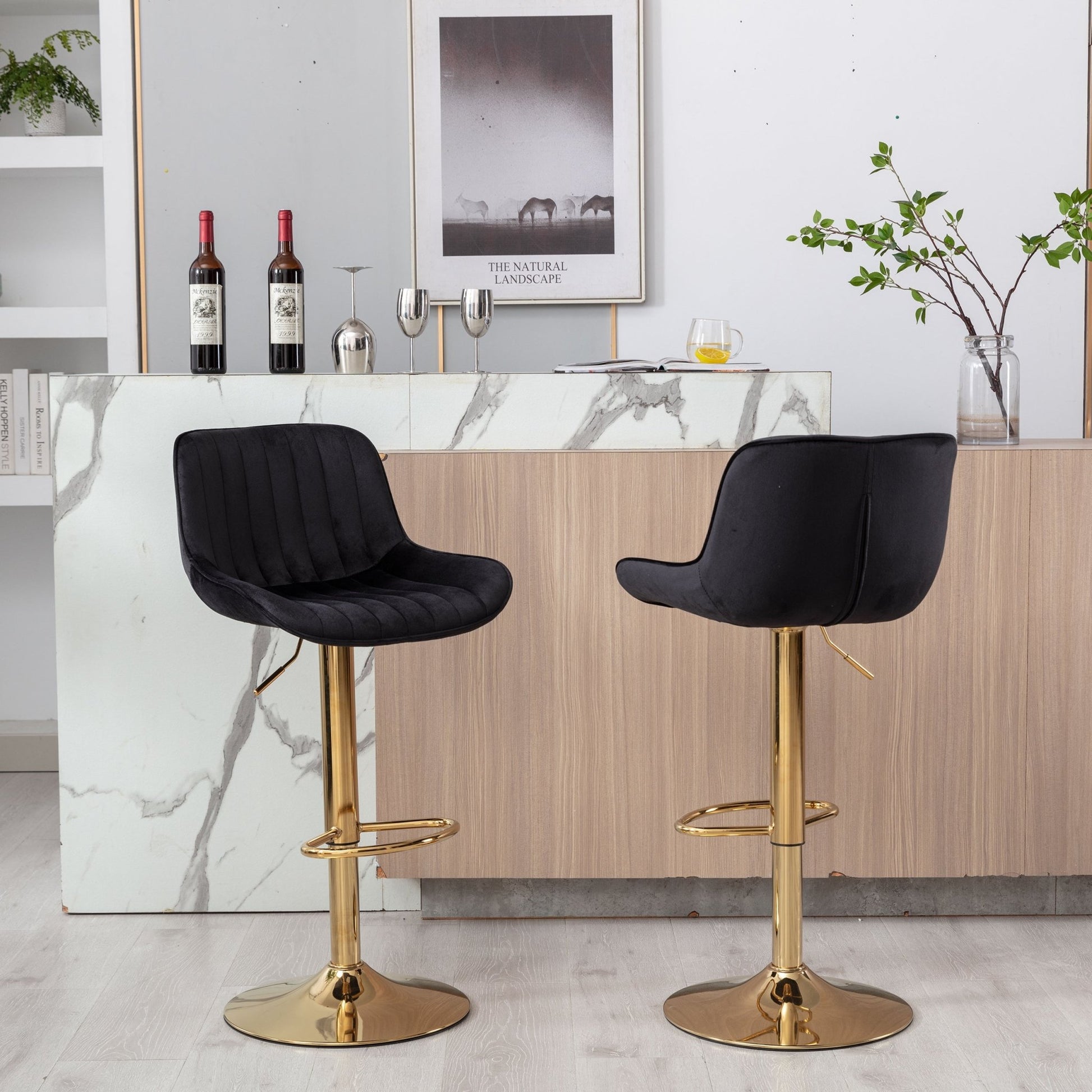 Chrome Footrest and Base Swivel Height Adjustable Mechanical Lifting Velvet + Golden Leg Simple Bar Stool,Set of 2,Black - 1st Choice Furniture Direct