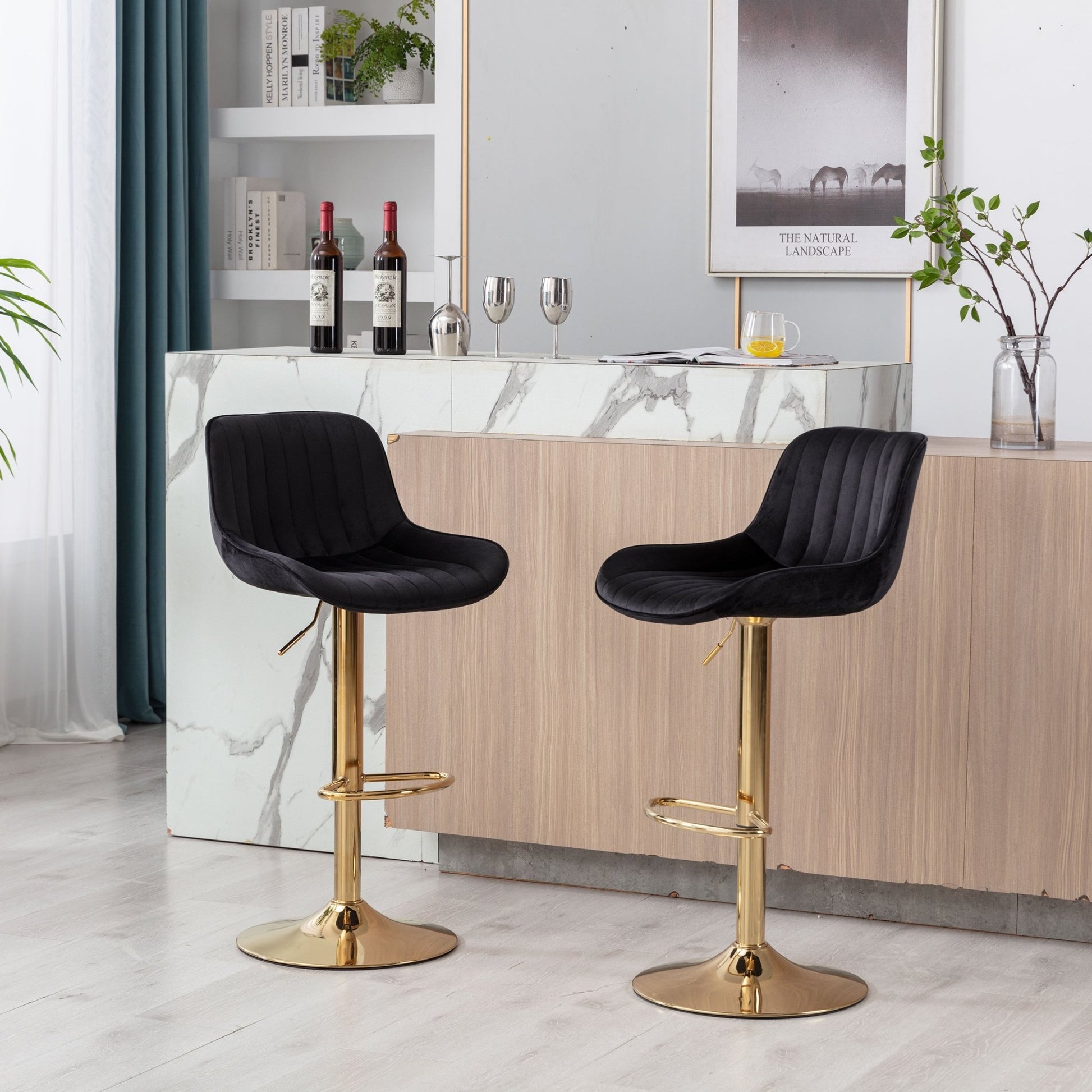 Chrome Footrest and Base Swivel Height Adjustable Mechanical Lifting Velvet + Golden Leg Simple Bar Stool,Set of 2,Black - 1st Choice Furniture Direct