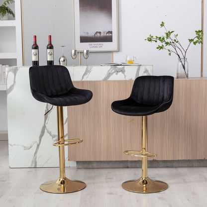 Chrome Footrest and Base Swivel Height Adjustable Mechanical Lifting Velvet + Golden Leg Simple Bar Stool,Set of 2,Black - 1st Choice Furniture Direct