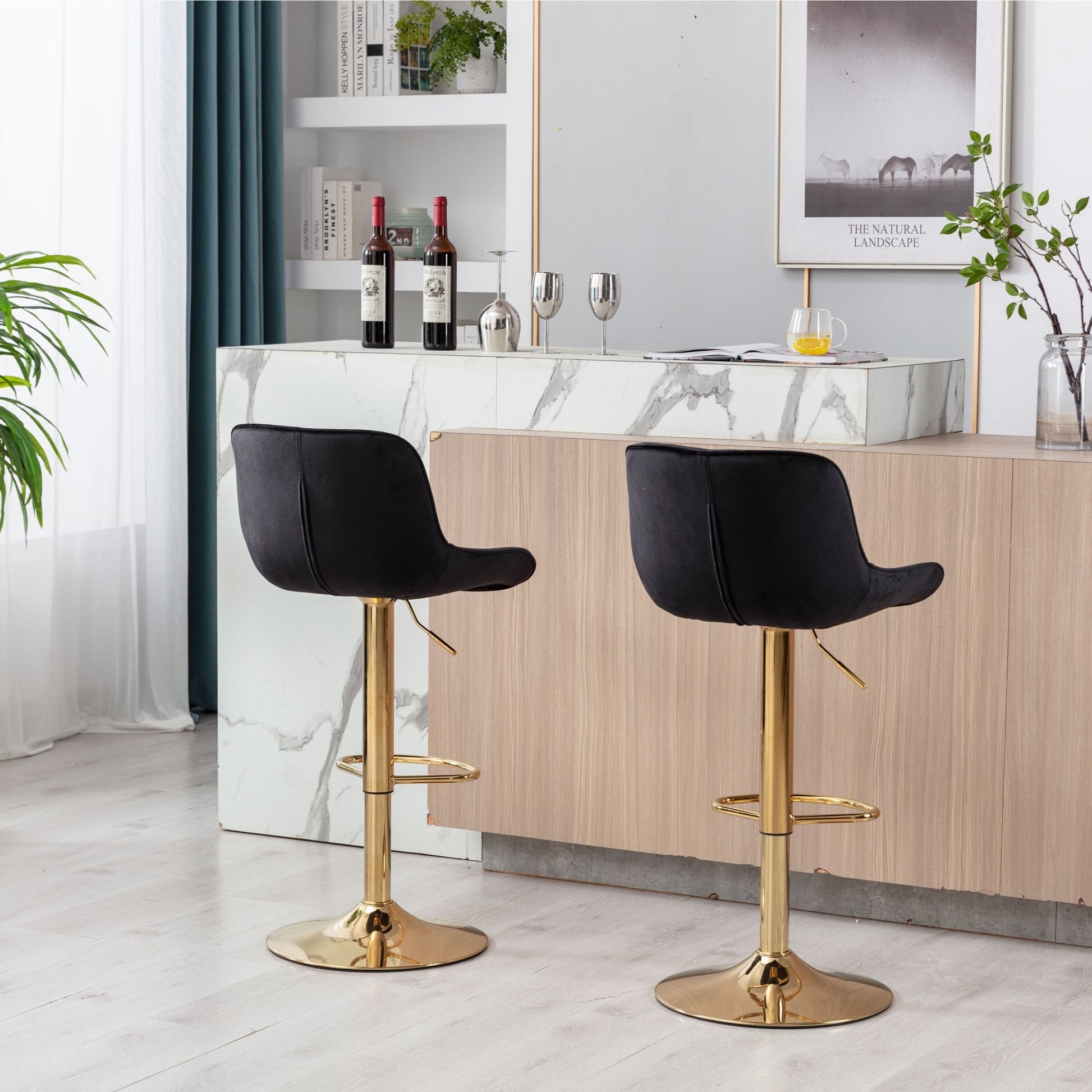 Chrome Footrest and Base Swivel Height Adjustable Mechanical Lifting Velvet + Golden Leg Simple Bar Stool,Set of 2,Black - 1st Choice Furniture Direct