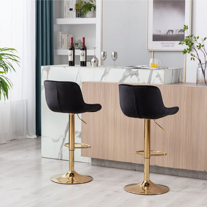 Chrome Footrest and Base Swivel Height Adjustable Mechanical Lifting Velvet + Golden Leg Simple Bar Stool,Set of 2,Black - 1st Choice Furniture Direct