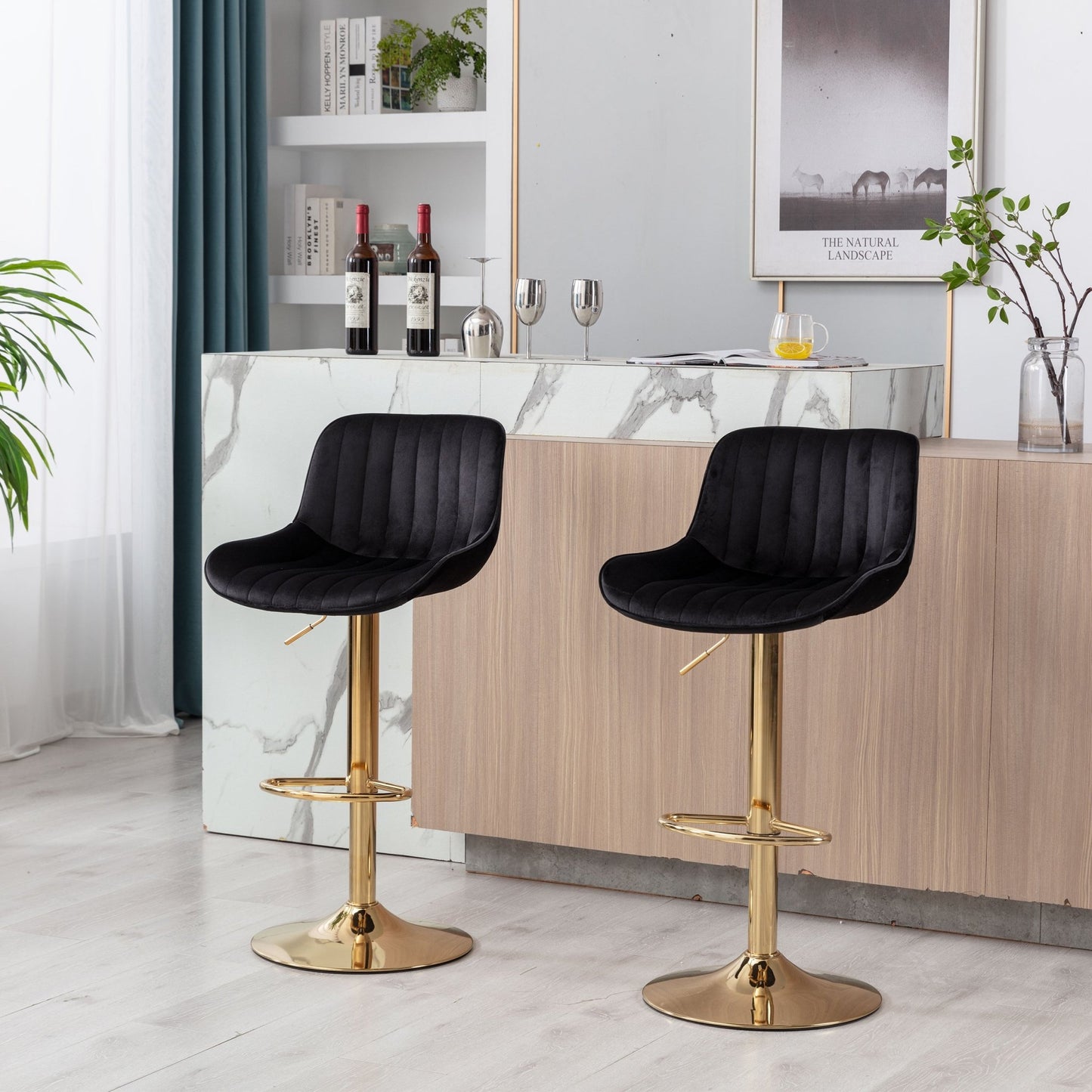 Chrome Footrest and Base Swivel Height Adjustable Mechanical Lifting Velvet + Golden Leg Simple Bar Stool,Set of 2,Black - 1st Choice Furniture Direct