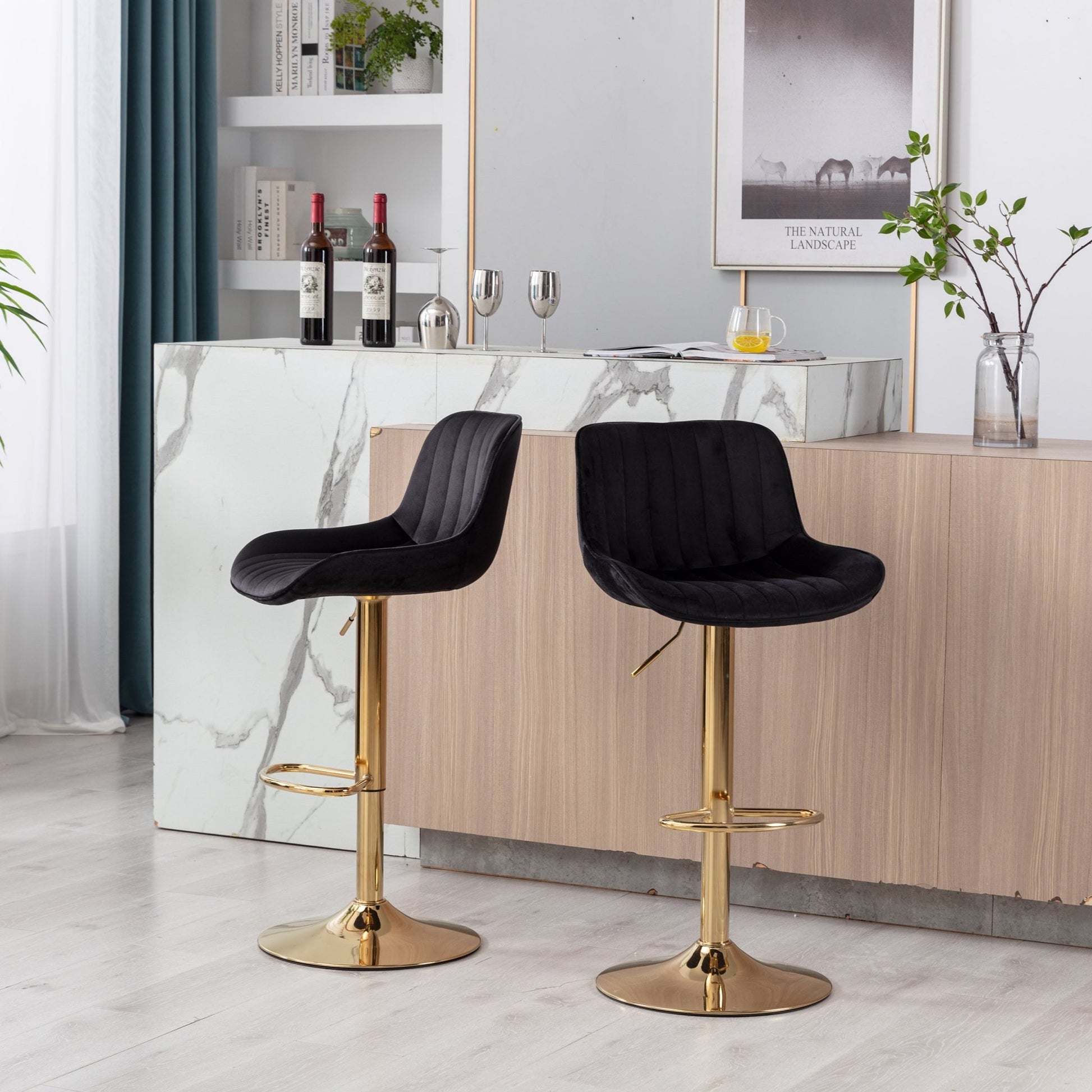 Chrome Footrest and Base Swivel Height Adjustable Mechanical Lifting Velvet + Golden Leg Simple Bar Stool,Set of 2,Black - 1st Choice Furniture Direct